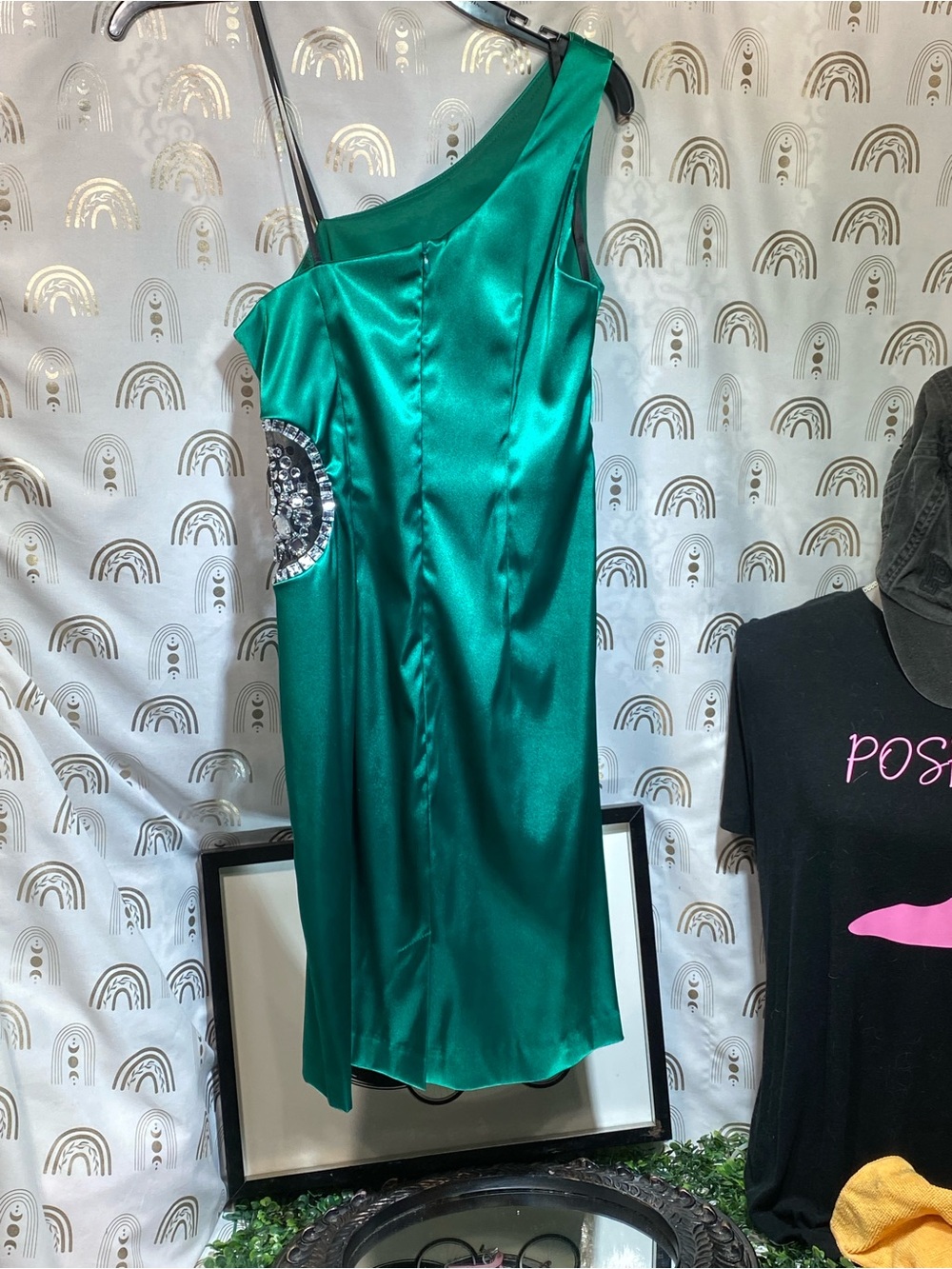Adam One-Shoulder Teal Satin Dress with Rhinestone Waist Detail - Picture 7 of 12